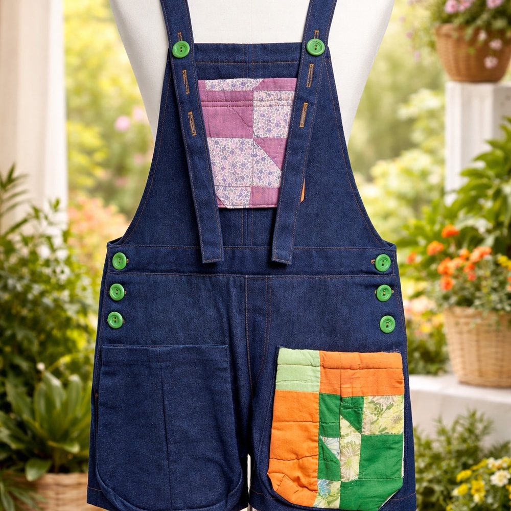 Denim Patchwork Short Overalls with Green Buttons - Women.